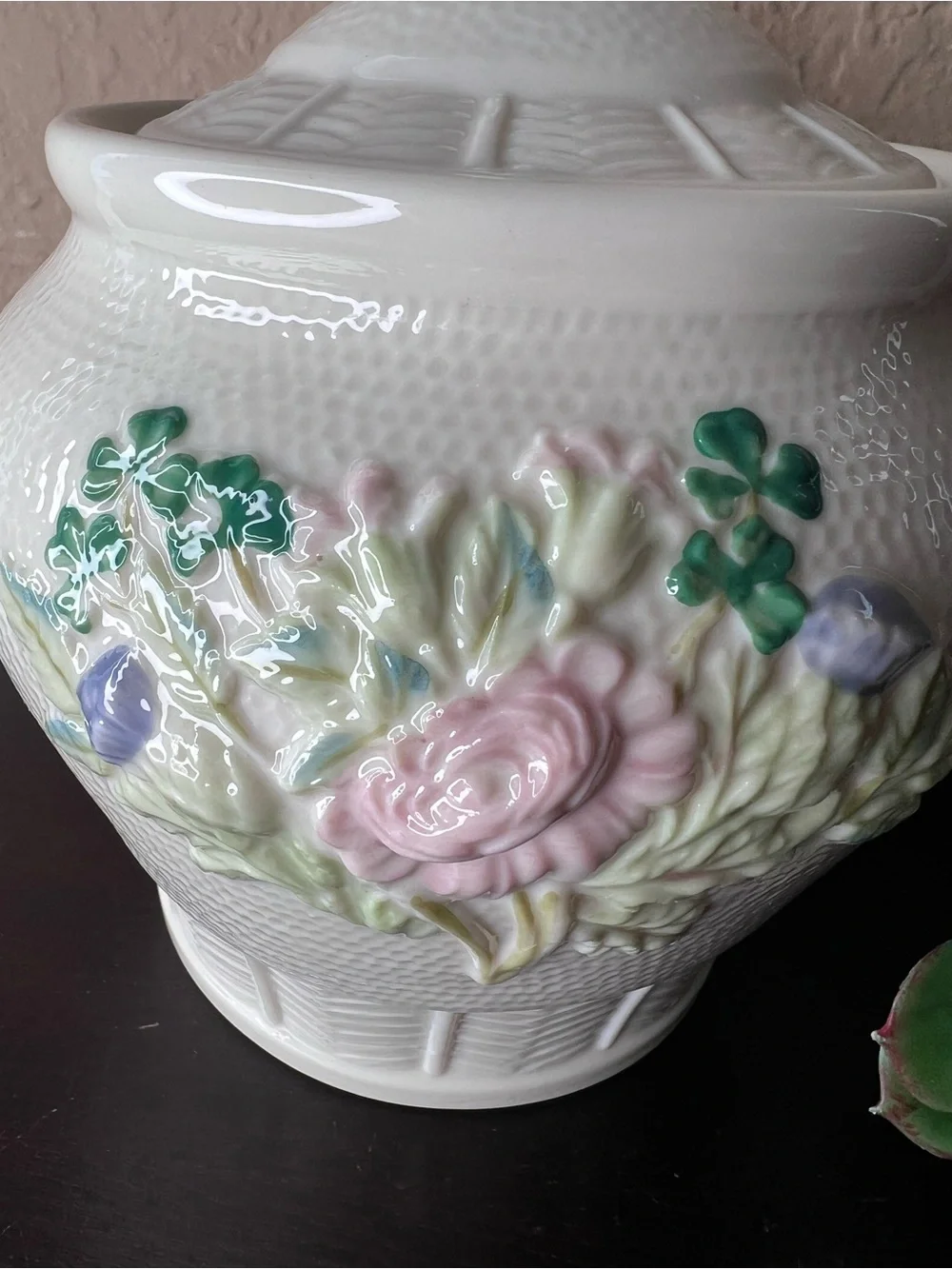 Vintage Belleek Ireland Killarney Rose Biscuit Barrel, Irish Cookie Jar With Lid